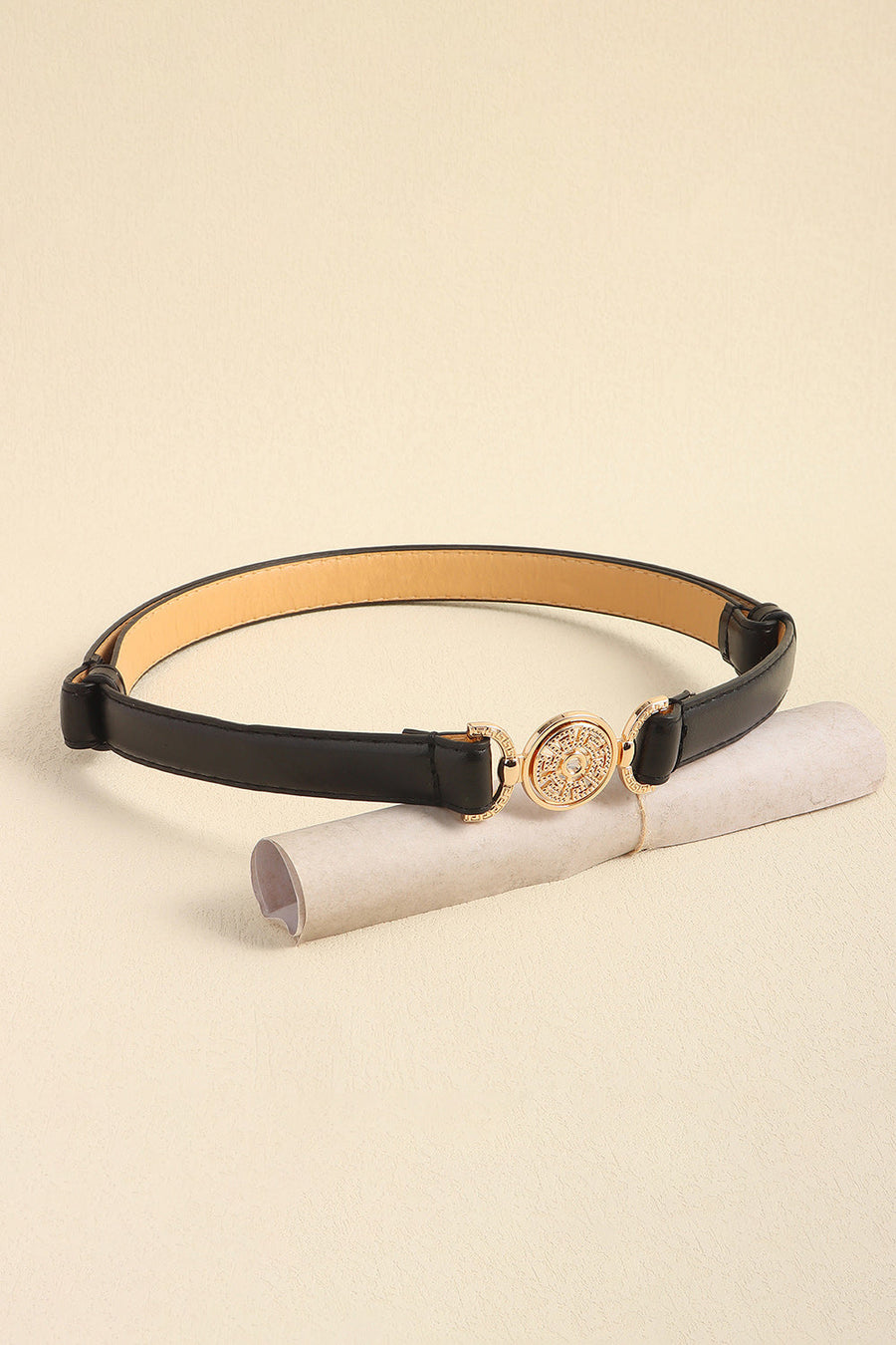 Black leather belt with crystal-embellished alloy buckle detail