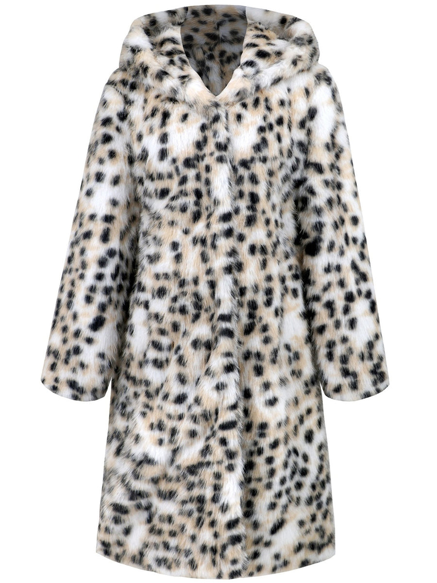 White leopard print faux fur maxi coat with hood
