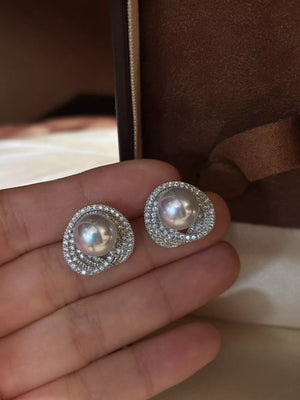 Pearl Stud Earrings 925 Silver Zircon in dark gray with stud