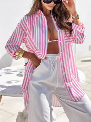 Printed Long Sleeve Tie Waist Oversized Shirt in Blush Pink with tied
