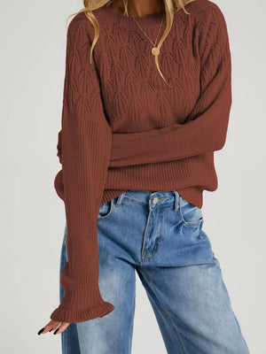 pullover sweater in Green with pointelle knit and ribbed