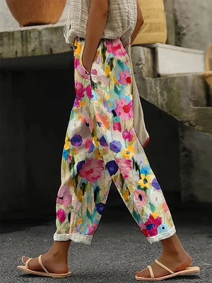 Multicolor wide-leg pants with ankle-length and elastic