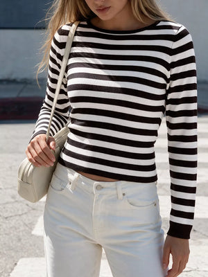 black pullover sweater with striped and crew neck