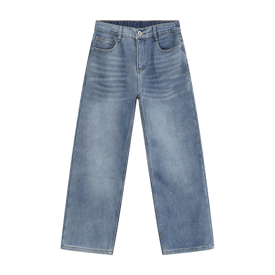 Light wash wide leg denim jeans with elastic waistband