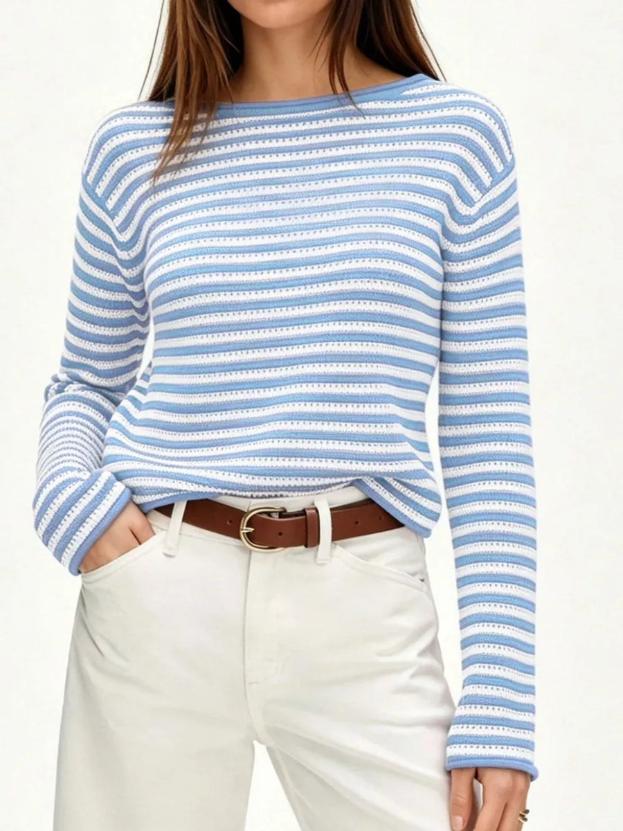 light blue pullover sweater with striped and boat neck