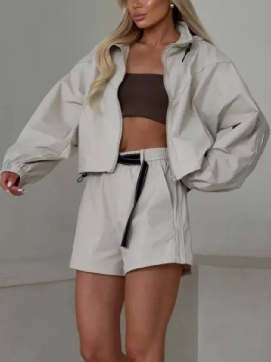 athleisure track jacket in Light Gray with mock neck