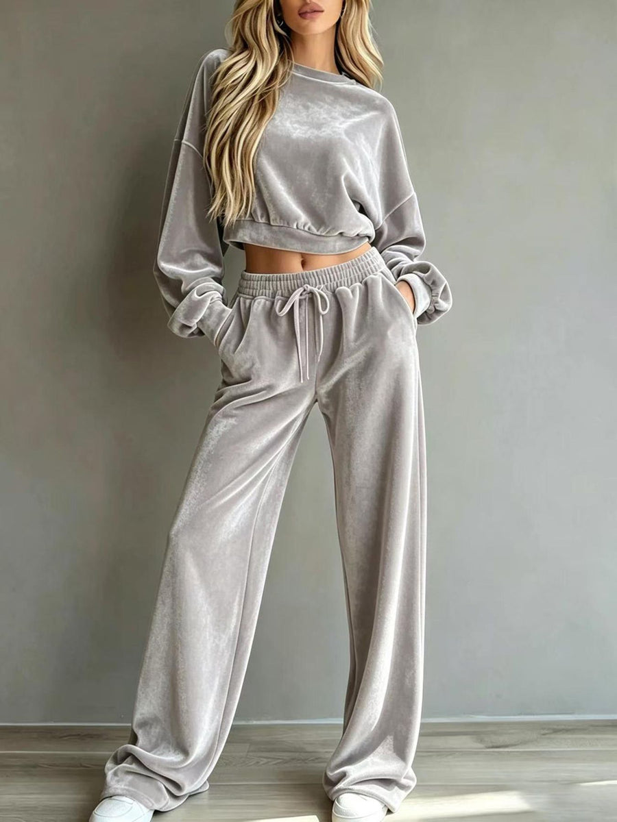 Cream lounge set with cropped, full-length and pullover, drawstring, elastic
