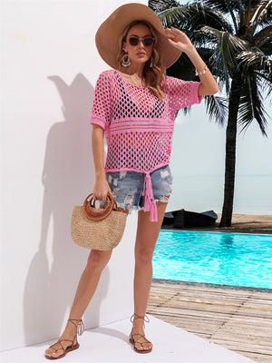 Hot Pink open-knit crochet cover-up with short sleeves and drawstring tie.