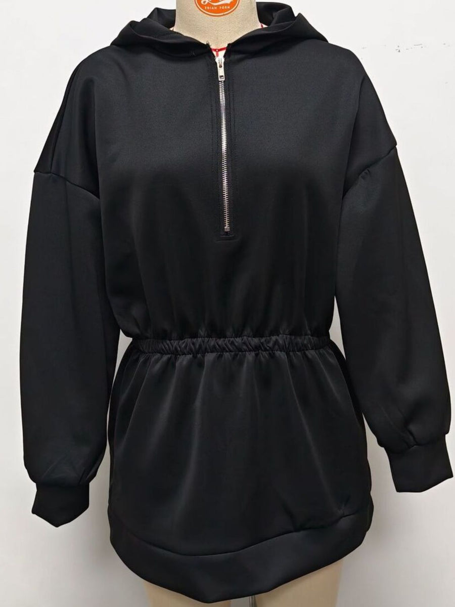 Black relaxed sweater dress with hooded