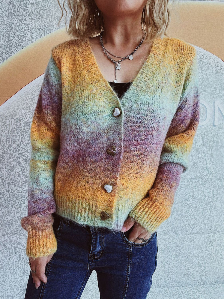 Ombre knit cardigan with heart buttons and V-neck.