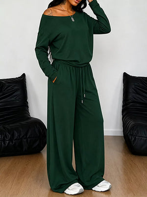 One-shoulder Top And Drawstring Pants Set Plus Size in Black