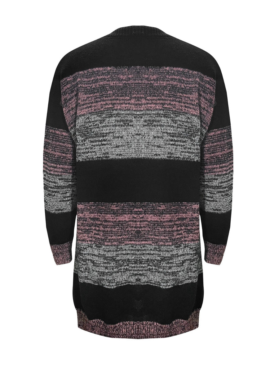Colorblock knit cardigan with horizontal stripes in black, pink, and grey.