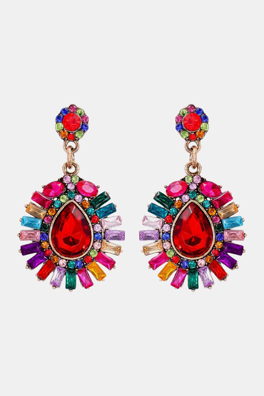 Radiant Gemstone Burst Dangle Earrings with multicolor and red teardrop gem.