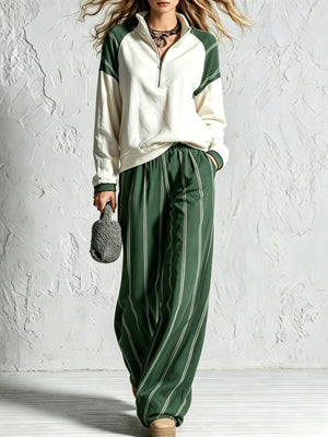 dark green lounge set with striped and mock neck