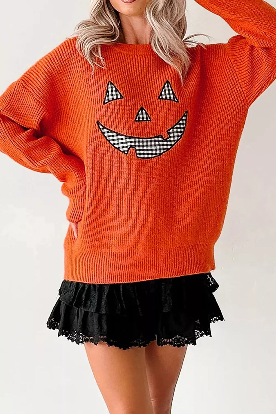 pullover sweater in Orange with drop shoulder and hip-length