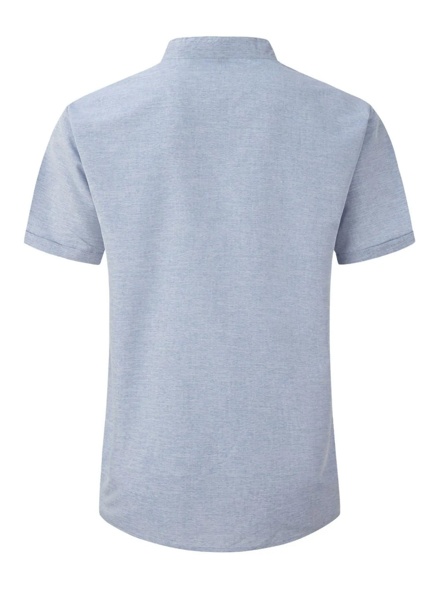 Light blue linen blend henley shirt with mandarin collar and short sleeves