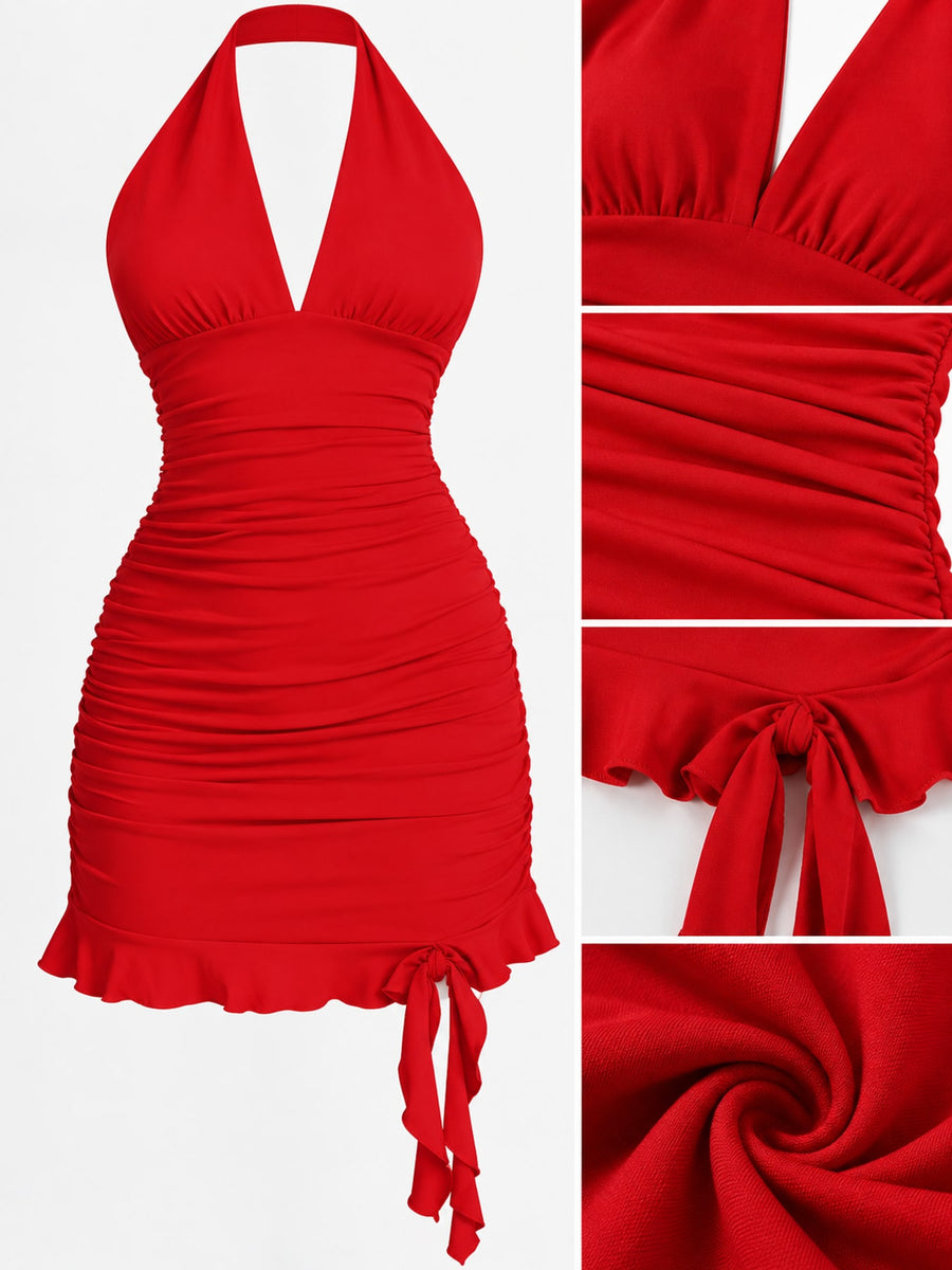 mini dress in Red with ruffled and mini