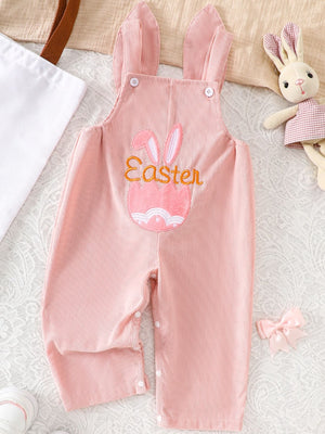 Pink corduroy baby overalls with bunny ears and Easter egg embroidery