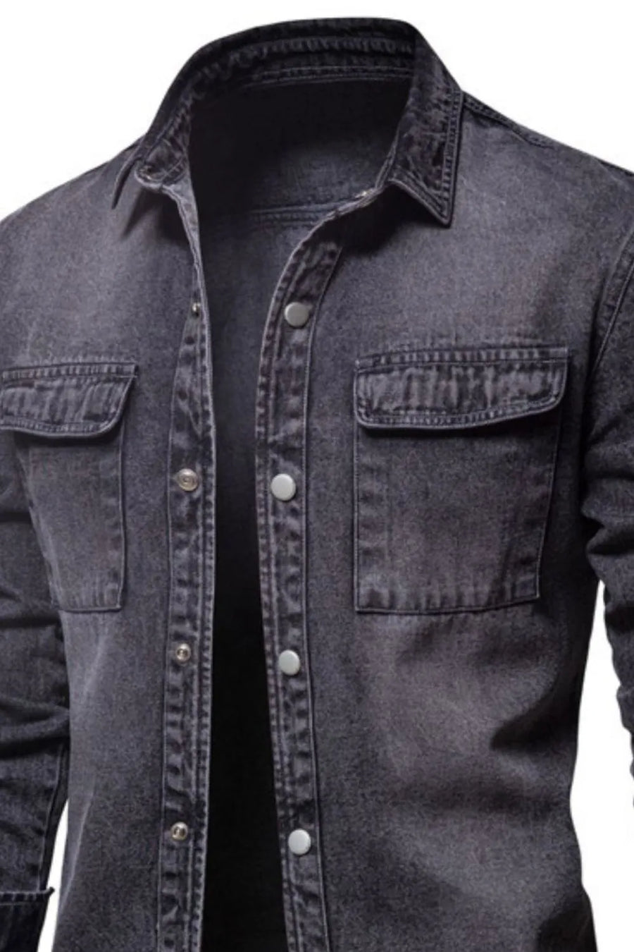 Faded dark denim utility shirt jacket with buttoned chest pockets and collar.