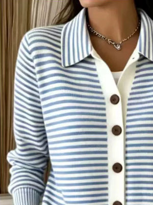 ivory cardigan featuring buttoned and striped