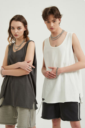 Dark grey and white sleeveless tops with raw edges