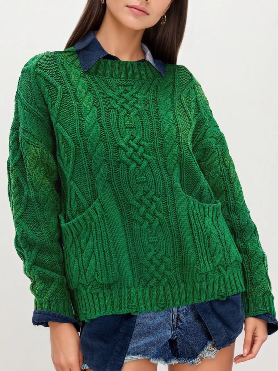emerald green pullover sweater with cable knit and crew neck