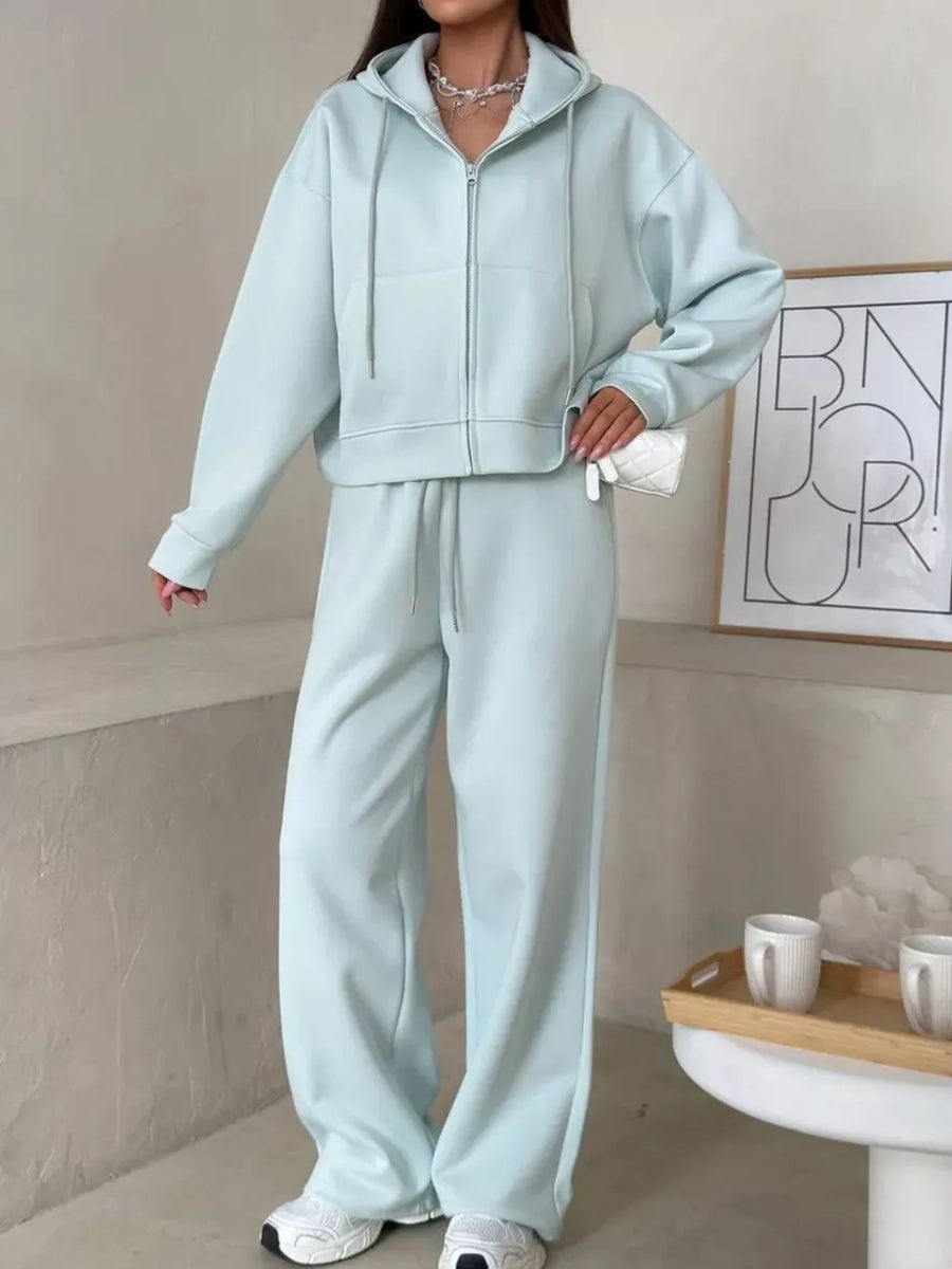 athleisure lounge set in light beige with hooded