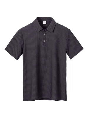 Dark Gray textured pique polo shirt with a refined collar and two-button placket.