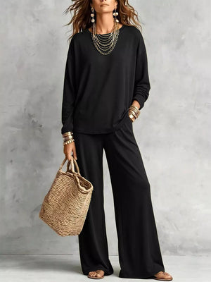 olive green relaxed two-piece set with round neck