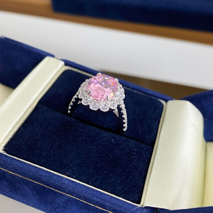925 Sterling Silver Zircon Round Ring in Blush Pink with oval cut