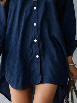 Casual Linen Shirt Dress With Pockets in Navy with buttoned