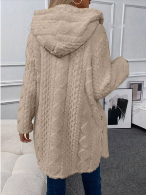 Cozy hooded fleece trench coat in Khaki with cable knit texture and button details.