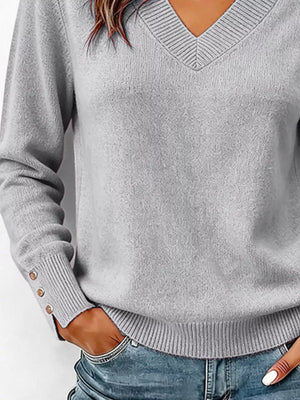 V-neck Long Sleeve Sweater in Gray with decorative buttons