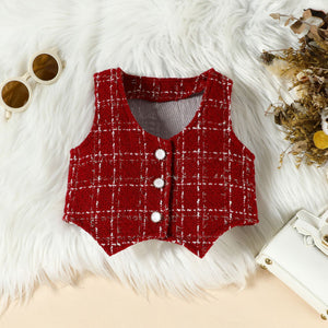 Toddler red plaid vest with decorative buttons and a V-neck.