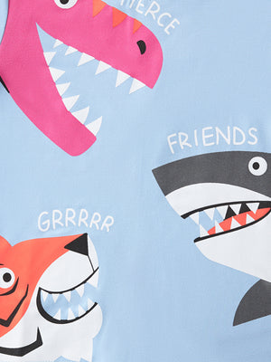 Light blue toddler t-shirt with graphic of pink dinosaur, shark, and tiger faces.