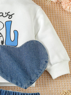 White with Children's Letter Long Sleeve Top And Denim Skirt Set