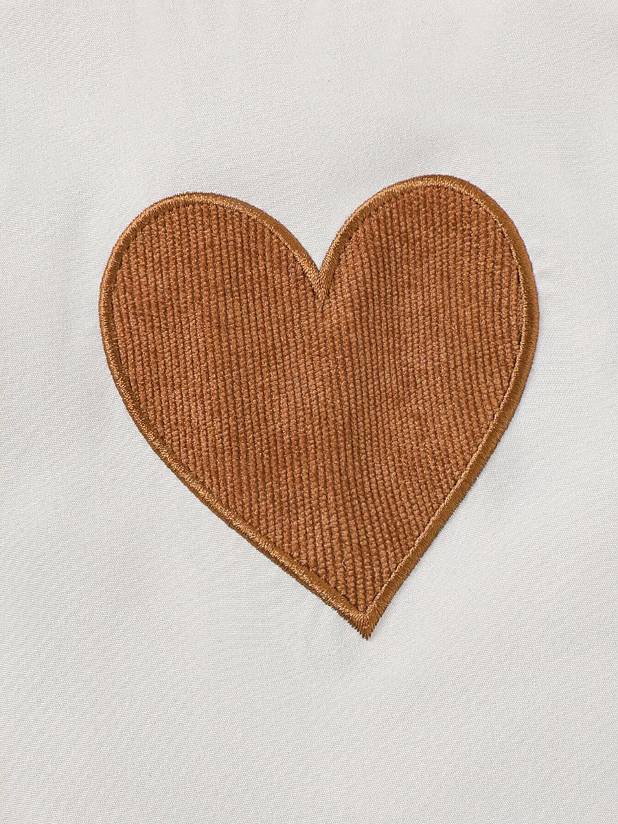Baby girl outfit with brown corduroy heart applique on white top