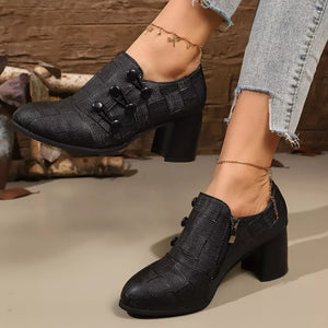 Black woven button-detail high heels with side zipper and block heel.