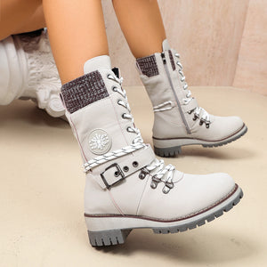 Black boots with mid-calf and lace-up, zip-front, buckle