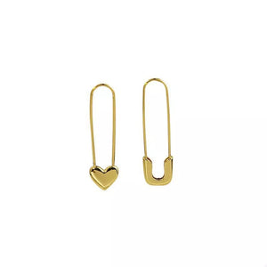 18k Gold-plated Alloy Heart Safety Pin Drop Earrings in gold with heart charm