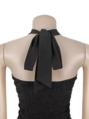 black maxi dress with ruched and sleeveless