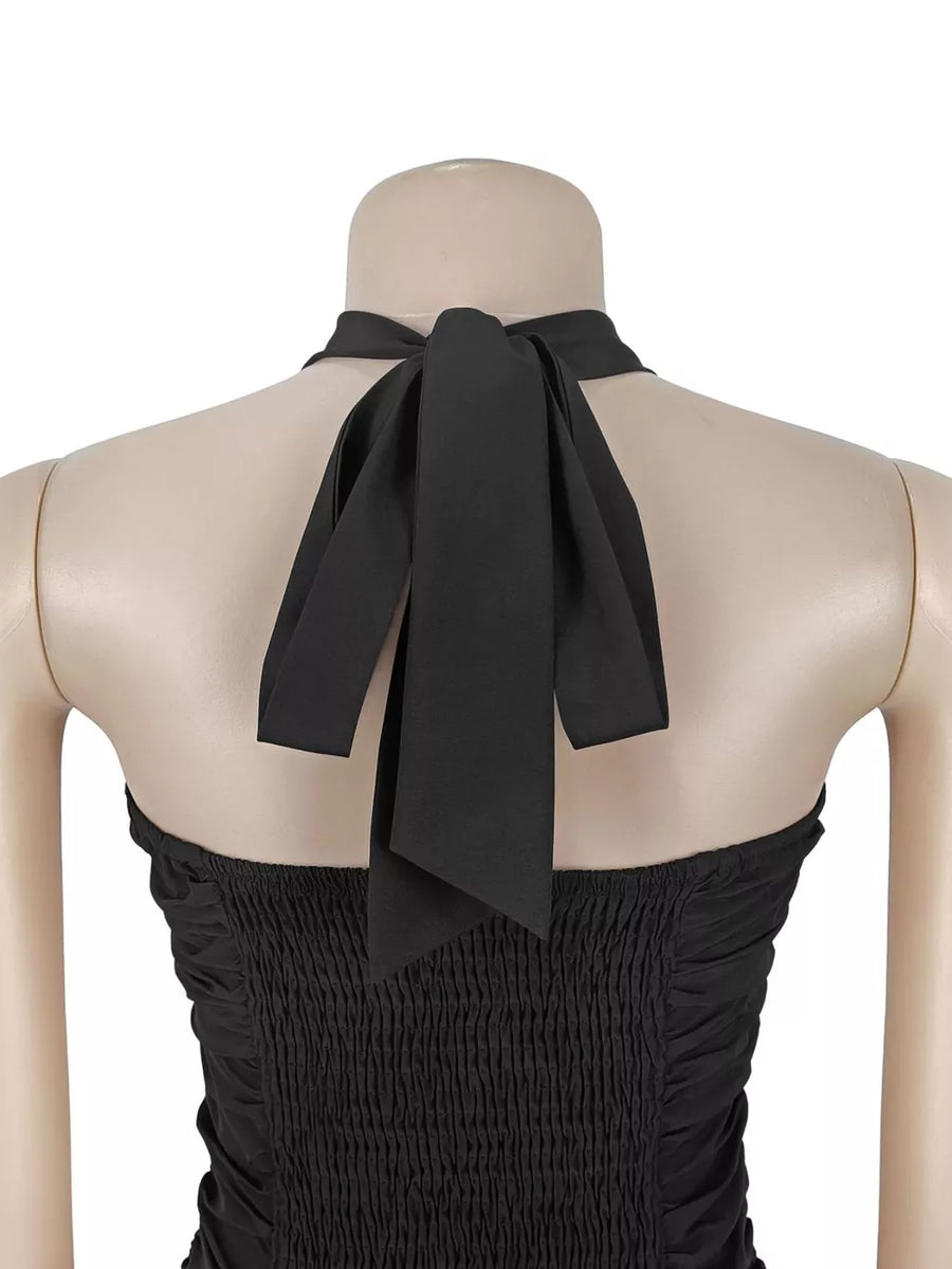 black maxi dress with ruched and sleeveless