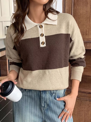 Coffee Brown Color Block Polo Collar Sweater