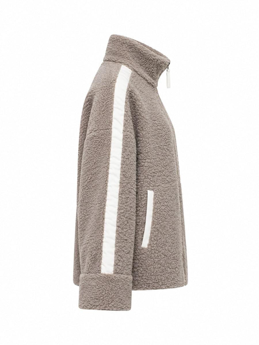 cream sherpa jacket with hip-length and zip-front