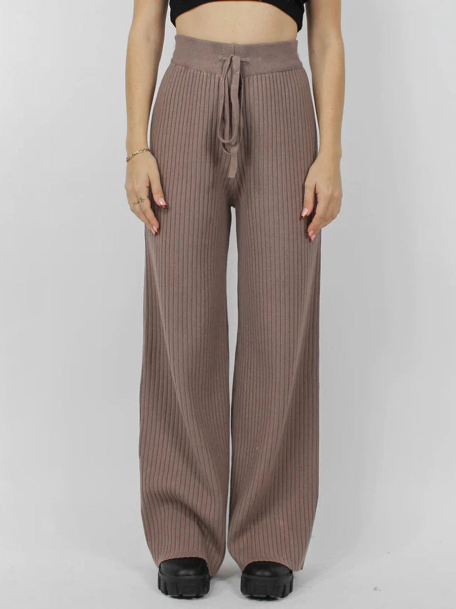 Luxe ribbed knit palazzo trousers in taupe with a drawstring waist and wide leg