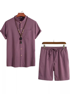 Plum purple men's two-piece set with buttoned mandarin collar shirt and drawstring shorts.