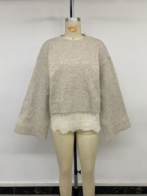 crewneck sweater in Beige with lace detail and waist-length