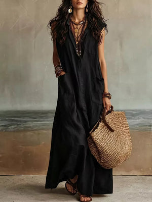 Sleeveless Button-down Linen Maxi Dress in Navy with buttoned