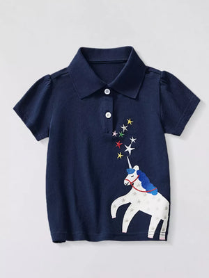 Navy blue polo shirt with short puff sleeves and a unicorn and star embroidery.