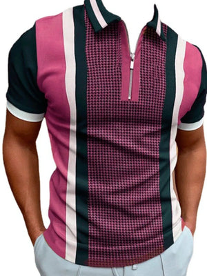 Houndstooth panel zip polo shirt with short sleeves and a striped design in pink, green, and white.